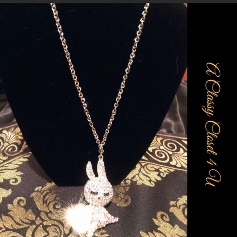 Silver-toned Rhinestone Bunny Necklace Fluffy Tail - Picture 2 of 3